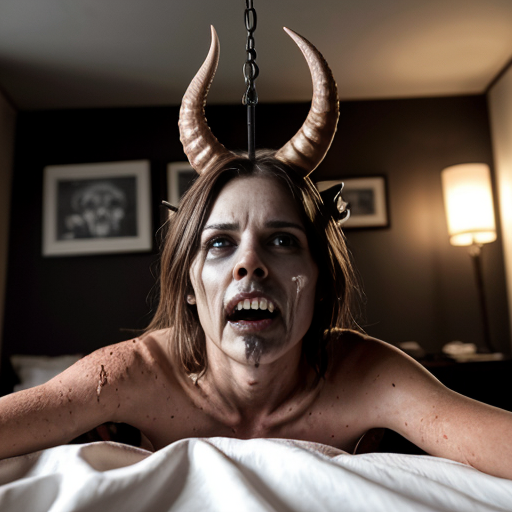 A photorealistic, high-detail cinematic shot of a woman lying on a messy white bed, looking up in terror. Thick, fleshy, worm-like tentacles are coiled around her body and emerging from under the sheets. The room is dimly lit with a deep red and muddy brown color palette. Hanging from the ceiling are grotesque, elongated demonic skulls with curved horns and dripping organic matter. On the back wall, a distorted religious icon and a crucifix are mounted. The atmosphere is heavy with dark surrealism and analog horror vibes. 8k resolution, highly detailed skin textures, dramatic shadows, grimy wall textures