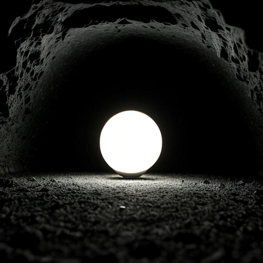 Eine dunkle Höhle und in der Höhle ist eine Kugel die leuchtet mit grünem Licht die Kugel ist rot und blau und glänzt und sie hat kleine sehr kleine schwarze und weiße Punkte 