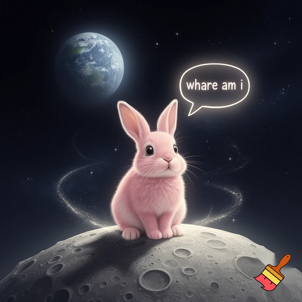 pink rabbit on the moon saying whare am i