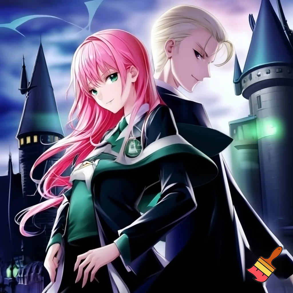 a anime girl, long pink hair, with a slytherin outfit. With Draco malfoy. Two people, hogwarts background 