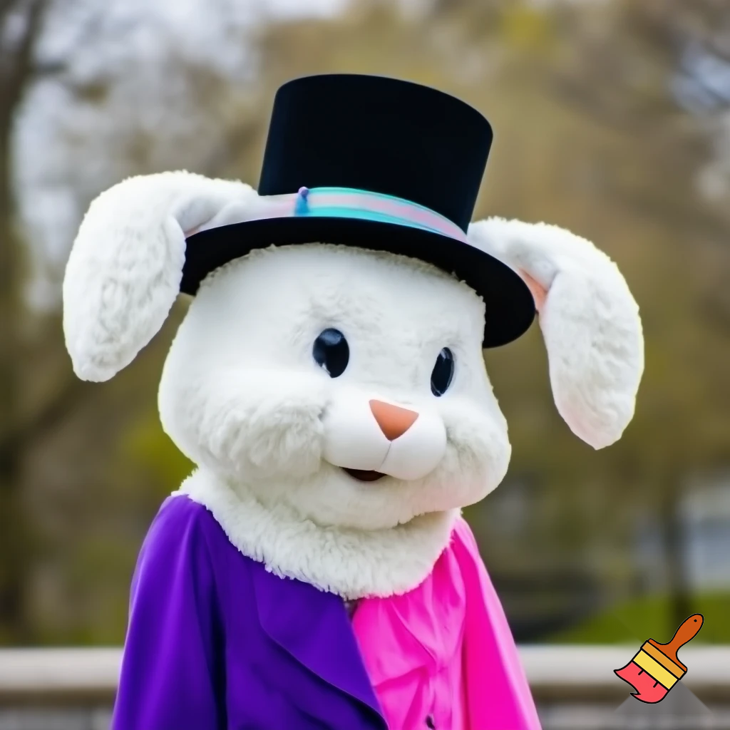 Easter bunny mascot costume top hat a colour face jacket purple and pink