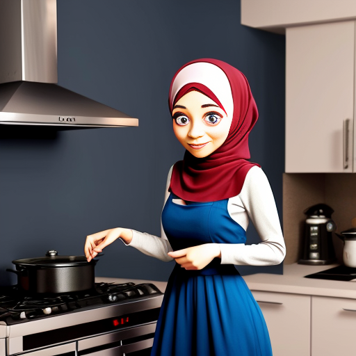 Мультяшный стиль Pixar, персонаж стоит у плиты, жест приготовления, мультяшные черты, большие выразительные глаза, мусульманская женщина 35-40 лет, полностью покрыта широким голубым платьем, платок закрывает все волосы, скромный вид, серый фон, постоянный персонаж, простой мультяшный стиль, кинематографическое освещение