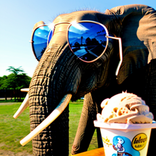A happy elephant wearing sunglasses and eating ice cream