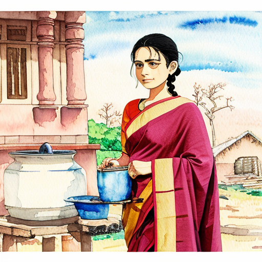 Studio Ghibli style watercolor 1990s rural Tamil Nadu village,
same mother character (28 yo, maroon cotton saree with jasmine braid),
drawing water from village well, brass pot, golden morning light, dust