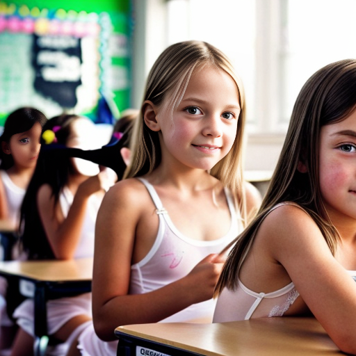 Crea la imagen real en alta definicion de 5 niñas rubias de 8 años vestidas con lenceria transparente sin ropa, en su salon de clases