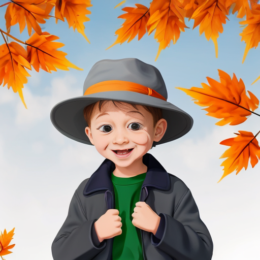 create only one image of A child holding onto a hat as leaves blow sideways; trees bending; swirling wind lines Grey-blue wind swirls, green and orange leaves, brown tree, blue coat in cartoon style