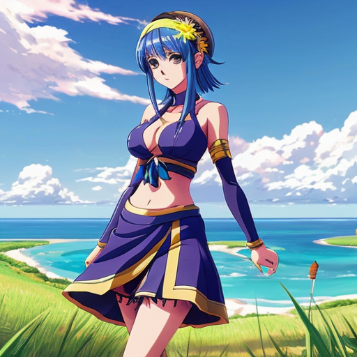 Lana from Pokemon Sun and Moon outfit otea tahiti  in  grass skirt  bleu and tassel   bleu sky 