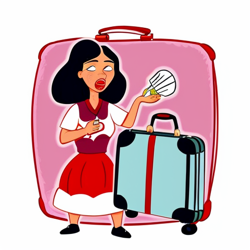 caricatura animada mujer con maleta llena de recuerdos , megafono y un corazon floreciendo