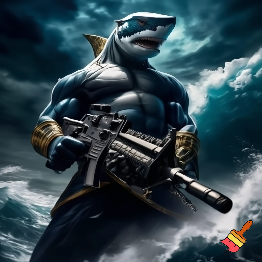 King shark prince nanaue using a assault rifle 