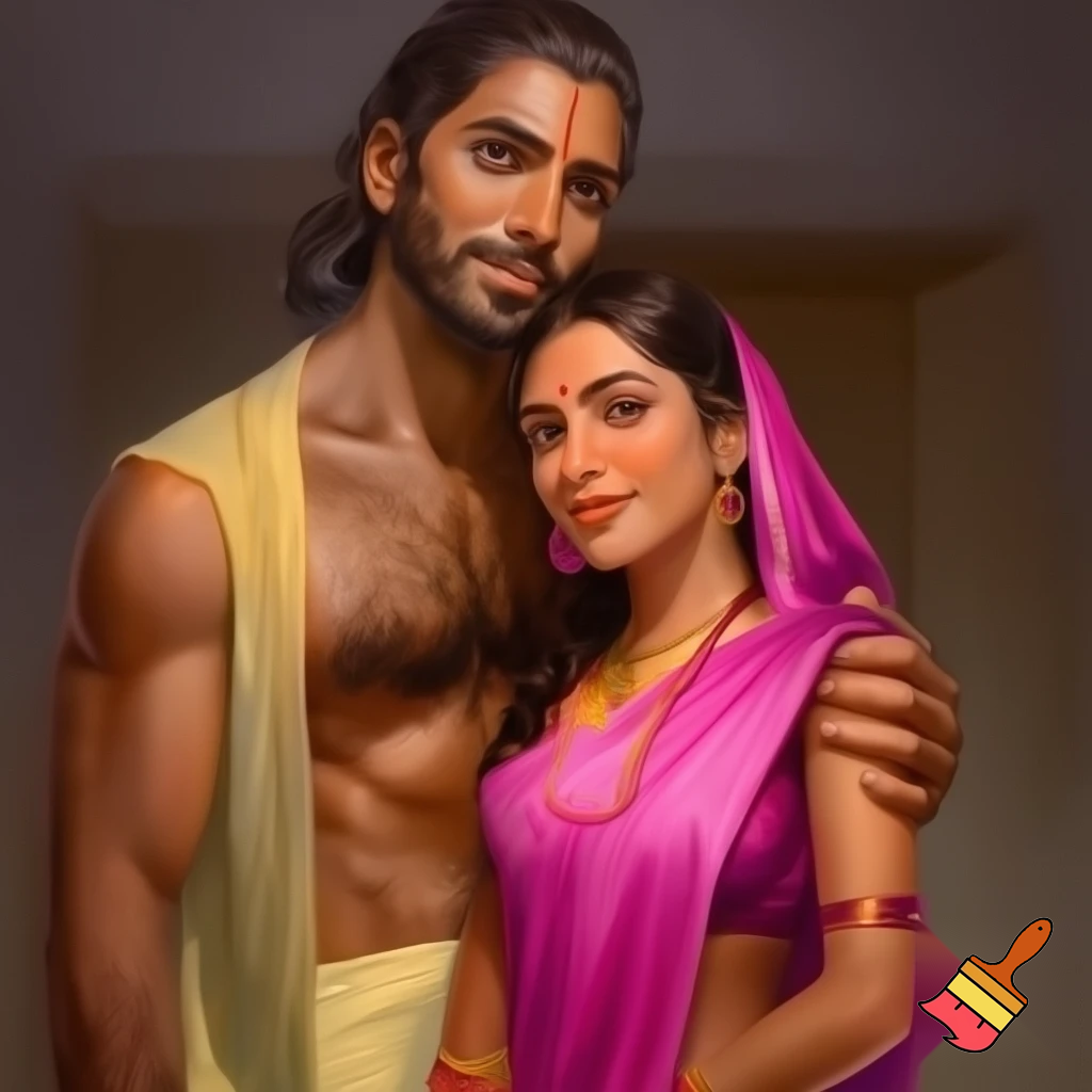 young, tall, brown-skinned, lean, broad shouldered, muscular husband with thin beard and moustache, and with adequate body hair on chest, shoulders, and legs, and sporting thin-line saffron vermilion mark on his forehead, and wearing pale yellow towel; young, fair-skinned, extremely beautiful, wife wearing pink saree with pink sleeveless blouse, wearing red dot vermilion mark on her forehead, and wearing necklace and bangles; husband standing behind wife. 
