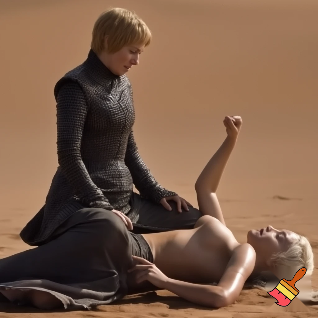 Cersei Lannister and Daenerys Targaryen fighting in the desert, Cersei Lannister is sitting astride on top of Daenerys on the ground .both are naked and all sweaty 
