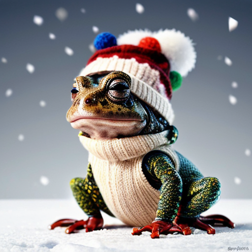 A laughable, puzzled animal toad in woolen, multicoloured winter clothings with woolen winter cap. Hyperrealistic style.