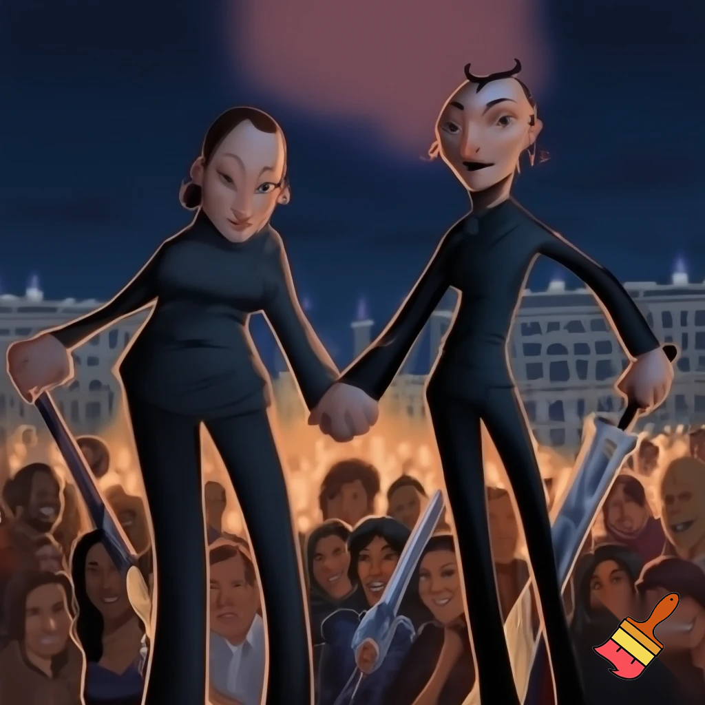 claudia sheinbaum holding hands with the devil and smiling, full body, and deep down people smiling with long weapons