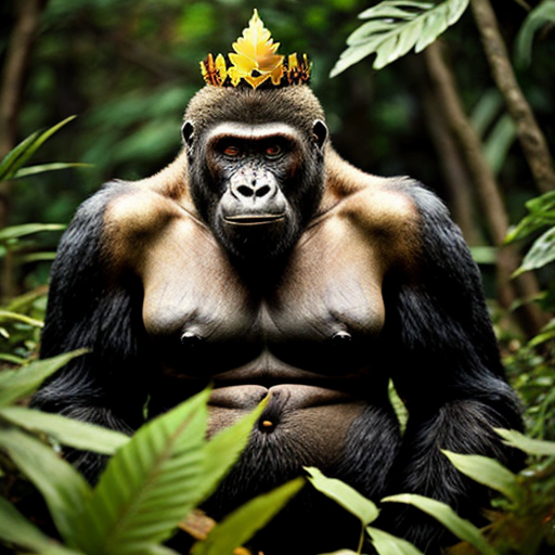 a big king gorilla with a golden leaf crown in the jungle with red eyes