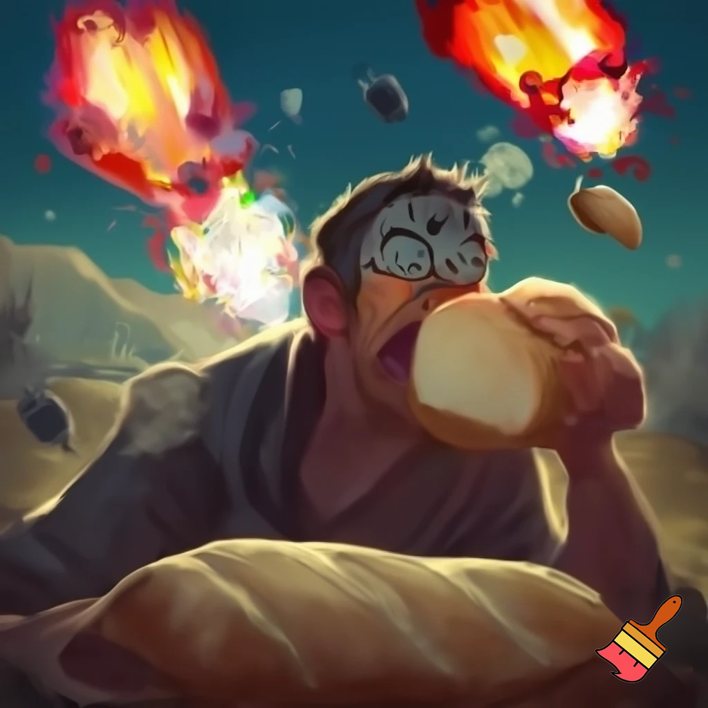 make a guy eating a breadie boat of loaf while he is getting bombed

