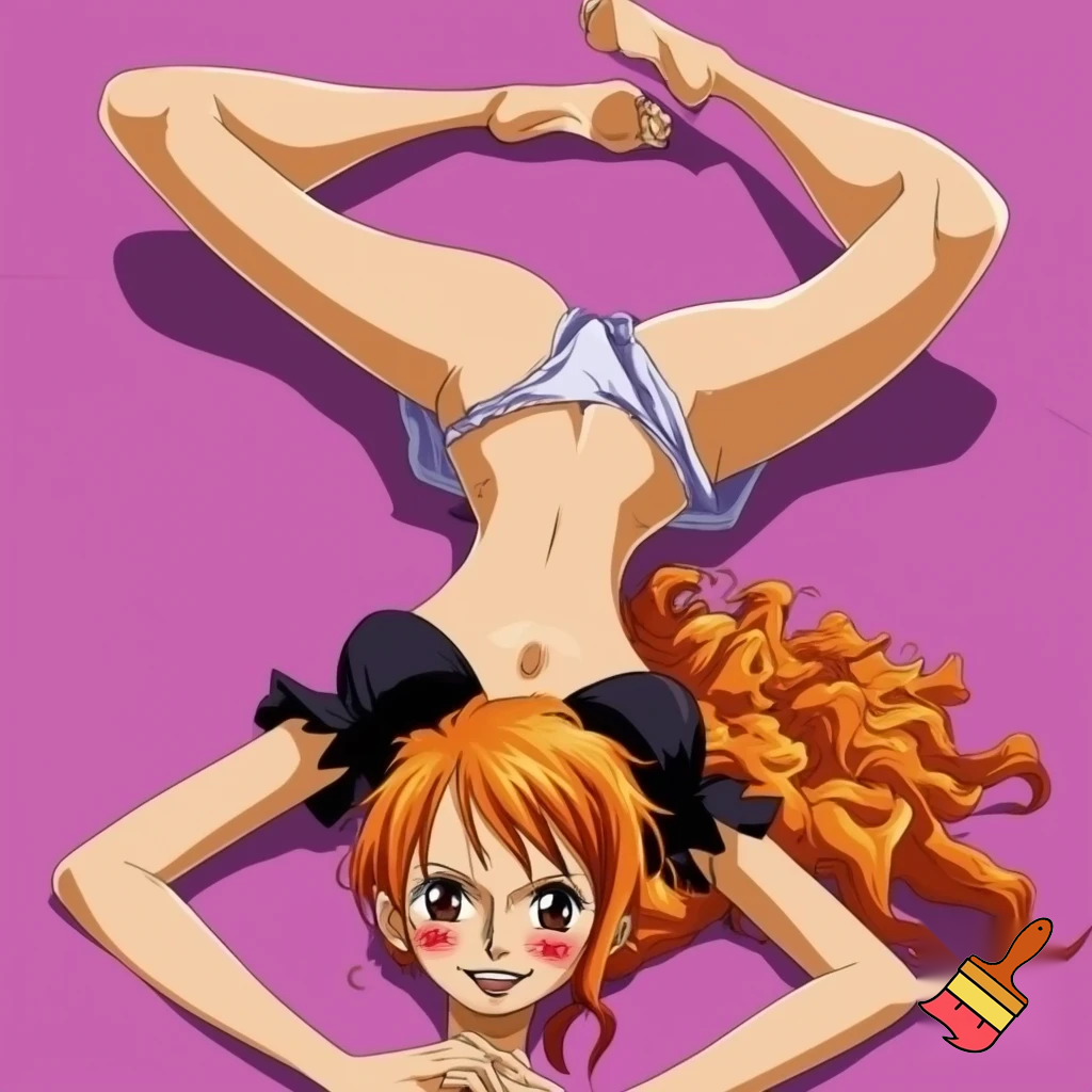 Nami from one piece laying down in a sexual pose with her legs spread and blush on face 
