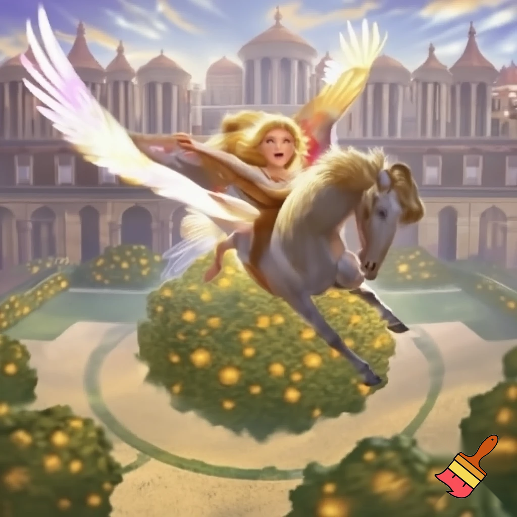 Can you make a blonde woman wearing ancient Greek clothes ride on Pegasus over a courtyard-styled garden with a tree in the middle of it that has golden apples and the palaces of the twelve Olympians that look massive and ornate and are styled like ancient Greek temples, twelve massive ancient Greek temples? And make the woman look like she's enjoying riding on Pegasus so she's smiling