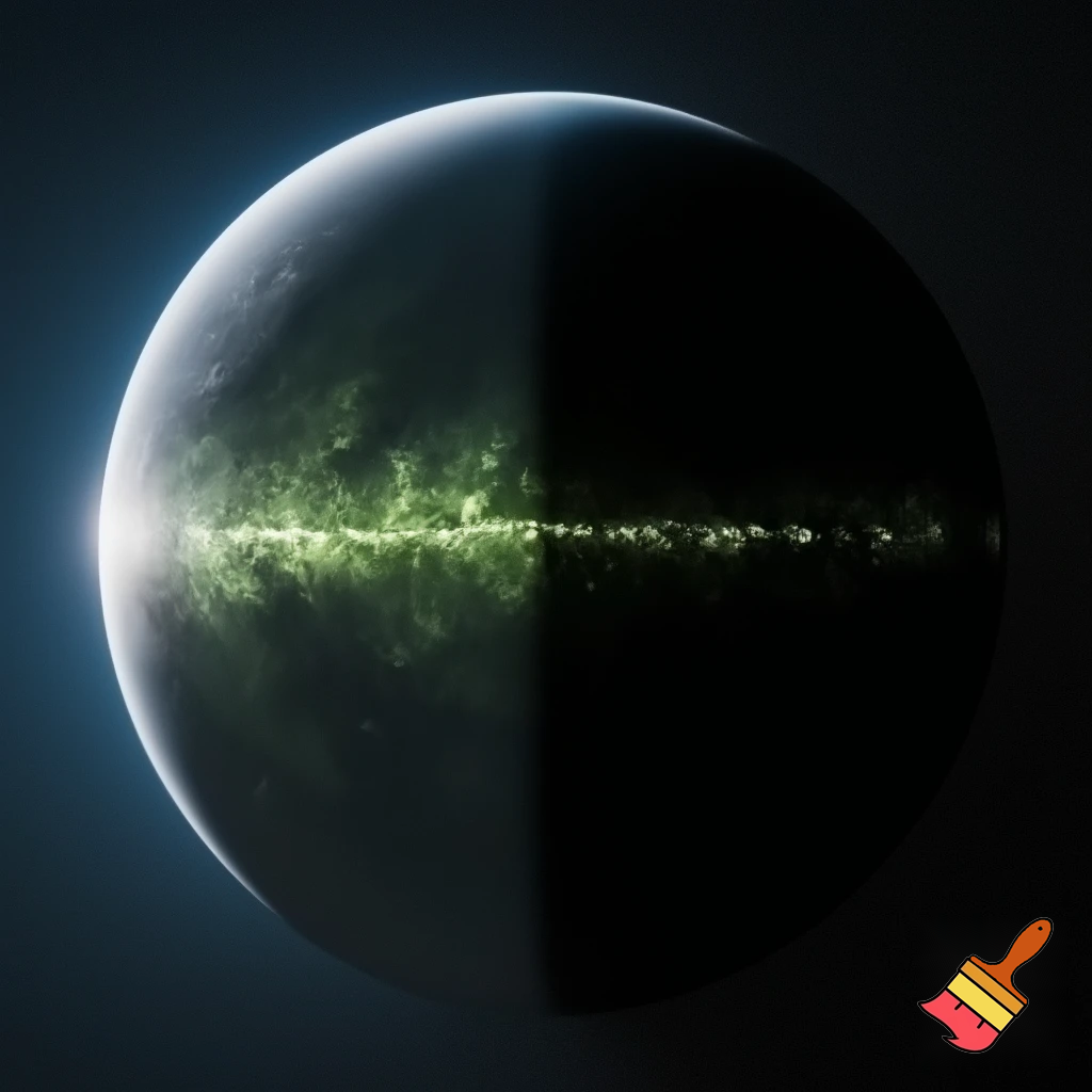 “Show Earth from space with focus on the terminator zone — the narrow band between the blazing day side and frozen night side. Highlight subtle movement of life toward this region: faint lights, human settlements, and greenish tones appearing only along the thin band. The rest of the planet looks hostile. Cinematic, realistic, symbolic of survival.”