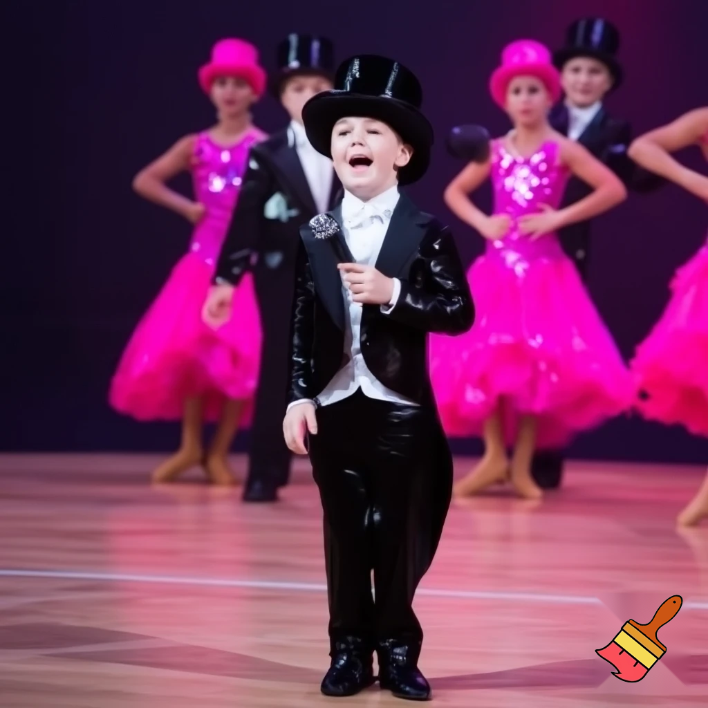 Preteen Boy in Shiny Black Top Hat White Bowtie Black Tailcoat Black Shiny Shoes Singing in Microphone on big Stage smiling. Behind him, two dancing boys in Shiny Black Top Hats and Tailcoats and two dancing Girls in Shiny Pink Hats and Sequined Pink Ballroom Dresses