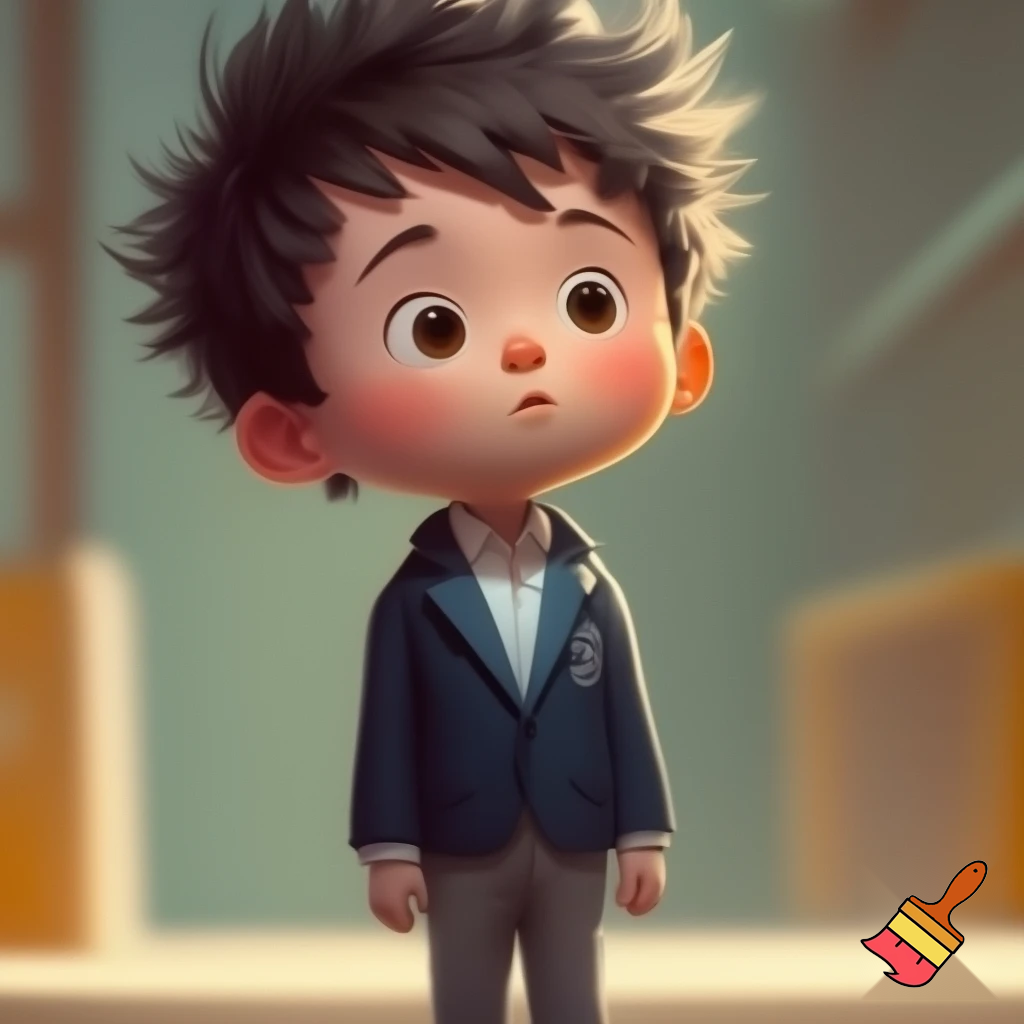 A young boy with haircut spiky hair , chubby in school uniform 