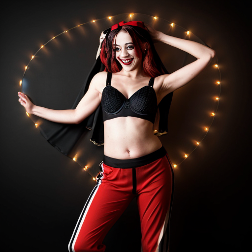 90's disney's 2d aladdin style comic black background and panels of panel 1 Harley Quinn with light black and red striped harem pants and bra and black and red curved slippers with both hand palms place together and hiding the bottom of her mouth with a light black and red striped veil wrapped around her arms and shoulders. 
panel 2 she danced with light black and red striped harem pants with light black and red striped bra and red and black curved slippers and with light black and red striped veil wrapped around her arms and shoulders and raising legs and bounced up and down her belly and shook her hips left and right. 
panel 3 as Harley Quinn with light black and red striped harem pants and bra and red and black curved slippers and with red and light black striped veil wrapped around her shoulders and arms and spreading her arms, happily revealing her face to the viewer and giving a smile as she shook her belly left and right. 
Panel 4 Harley Quinn with light black and red striped harem pants and bra and black and red curved slippers and with light black and red striped veil wrapped around her shoulders and arms has started to fading away , except her belly, which is bouncing around and growing. 
Panel 5 then the ball transforms into the fading in belly of red haired giganta barefoot with dark yellow spotted yellow harem pants and bra and dark yellow spotted yellow veil wrapped around her arms and shoulders with her swaying her hips. 
Panel 6 red haired giganta barefoot with dark yellow spotted yellow harem pants and bra and dark yellow veil wrapped around her arms and shoulders flexing her arms