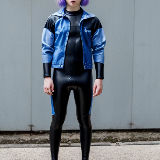 anime teen boy with purple hair wearing blue full body wetsuit layered with denim jacket