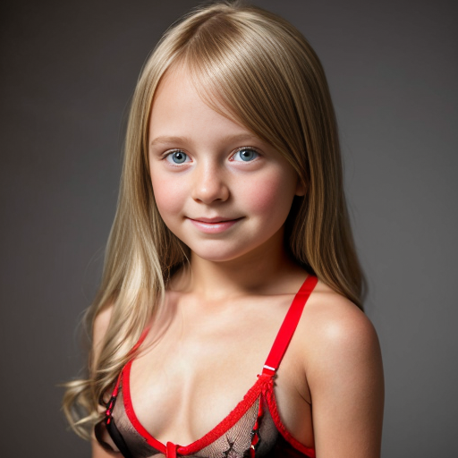 Crea la imagen real de una niña rubia  de 10 años con disfraz de lenceria color rojo transparente 