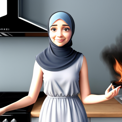 Pixar-style cartoon, Muslim woman 35-40, fully covered wide light blue dress, headscarf covering hair, modest, standing at stove cooking, gray background, no sexualized features, simple cartoon style