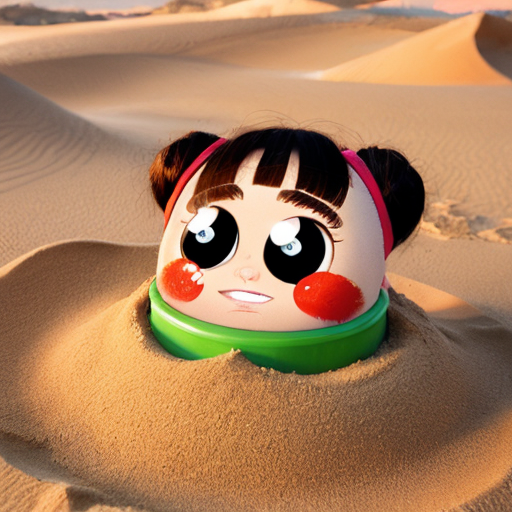 The powerpuff girls buttercup buried up to her neck in sand only her head sticking out packed in by bubbles
