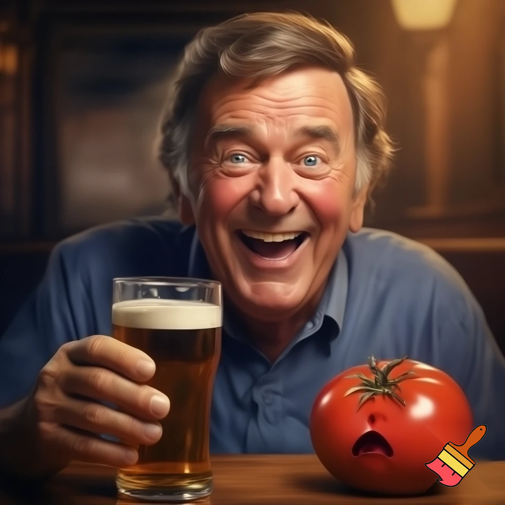 Terry Wogan with a pint of beer laughing at a tomato 