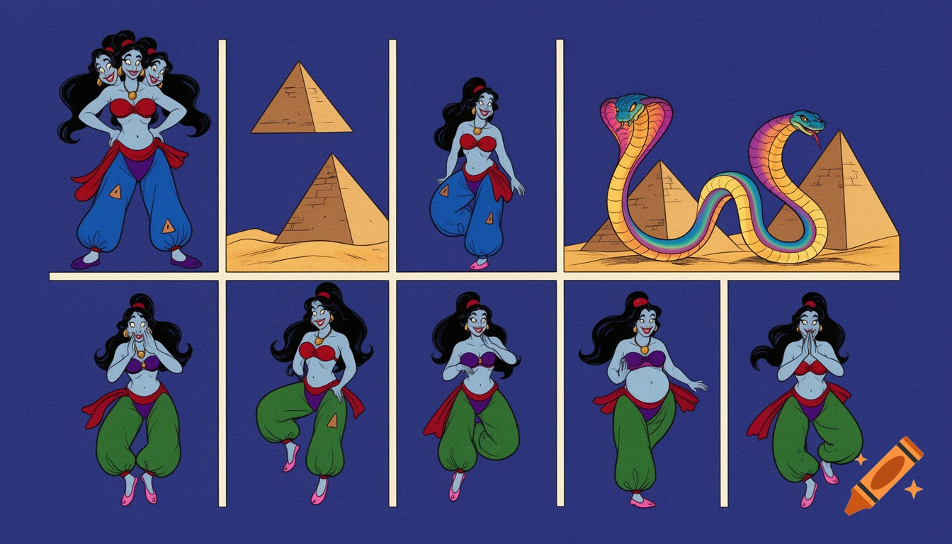 90's disney's 2d aladdin style comic dark blue background and panels of panel 1 while the three headed black haired ponytail woman with blue skin , blue harem pants, red bra and red sash and red curved slippers is shaking her butt a triangle shaped stitch patch was on the middle of her butt of her blue harem pants. 
Panel 2 as the three headed black haired ponytail woman with blue skin, blue harem pants, red bra and red sash and curved slippers shakes her butt the triangle shaped Stitch patch started to shaked to until it turns into a pyramid, creating a desert and the rest of her body disappears. 
Panel 3 A rainbow cobra comes out from between the two pyramids and starts slithering it hears music while it's hood is up which triggers the loop of it's body. 
Panel 4 then eventually the rainbow cobra transforms into the three headed black haired ponytail woman with blue skin , green  harem pants, purple bra and ldark red sash and pink curved slippers. 
Panel 5 then the three headed black haired ponytail woman with blue skin , green harem pants, purple bra and dark red sash and pink curved slippers with both hand palms place together and hiding the bottom of her mouth, 
panel 6 she danced with green harem pants and purple bra and dark red sash and pink curved slippers and raising legs and the  bounced up and down her belly. 
panel 7 and the the three headed black haired ponytail woman with blue skin , green harem pants, purple bra and dark red sash and pink curved slippers shook her hips left and right. 
panel 8 as the the three headed black haired ponytail woman with blue skin , green harem pants, purple bra and dark red sash and pink curved slippers started fading away, except her belly which is bouching around.