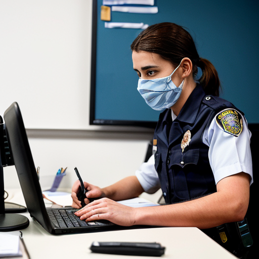 在公安机关办公室，一个穿着白色警察制式衬衫的绘画木偶（面部空白无五官）坐在办公桌后低头看手机。办公桌前站着两个穿着深色常服的绘画木偶（面部空白无五官），一个手持文件，另一个双手自然下垂。镜头角度为从侧前方平拍。图片风格为写真，比例为1:1