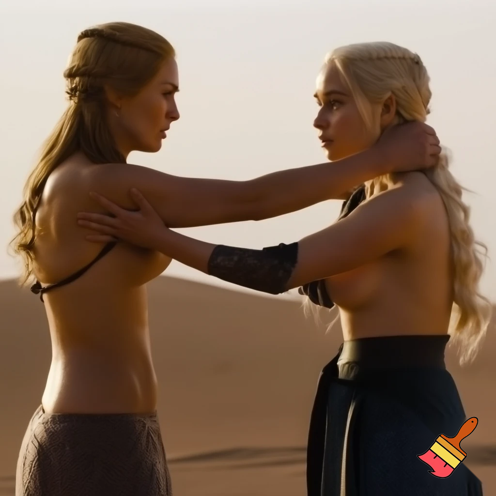 Daenerys Targaryen and Cersei Lannister fighting in the desert , Cersei Lannister is under Daenerys and losing. Both are naked and all sweaty 
