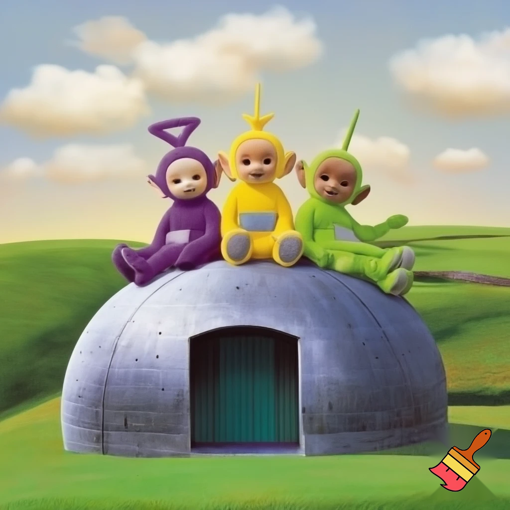 Teletubbies in 1997 sitting on top of their house