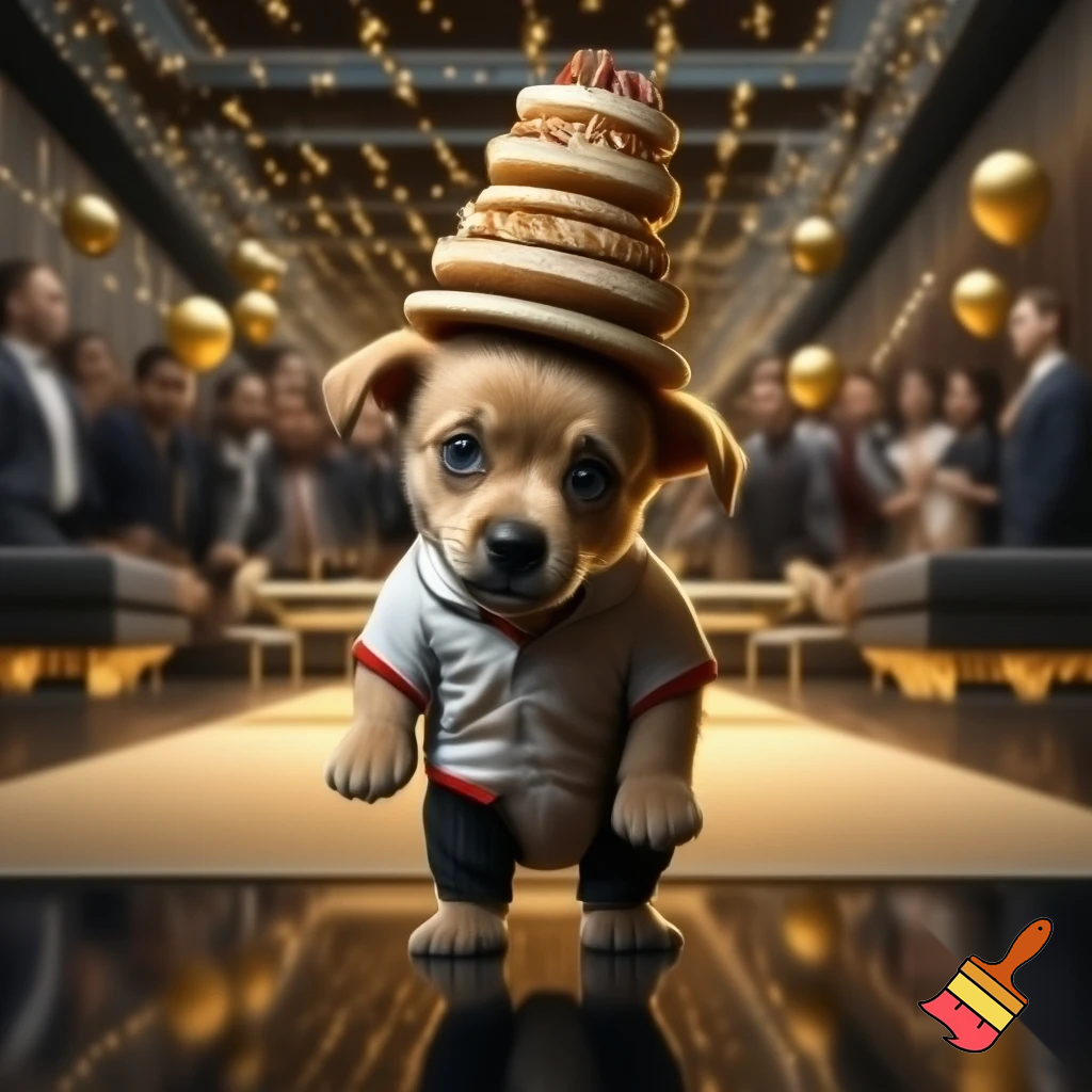 "A tiny, cute, small light-brown baby puppy standing inside a large luxurious modern office filled with many people. The puppy looks very shy. He is wearing a dirty and torn white shirt with red outline and a half-dirty black pant. The office is decorated for a birthday party — balloons, fairy lights, shiny golden décor. The puppy is carrying a huge triple-layer cake on his head, struggling to balance it. Cinematic soft lighting, realistic 3D style, emotional atmosphere, people in the background staring."