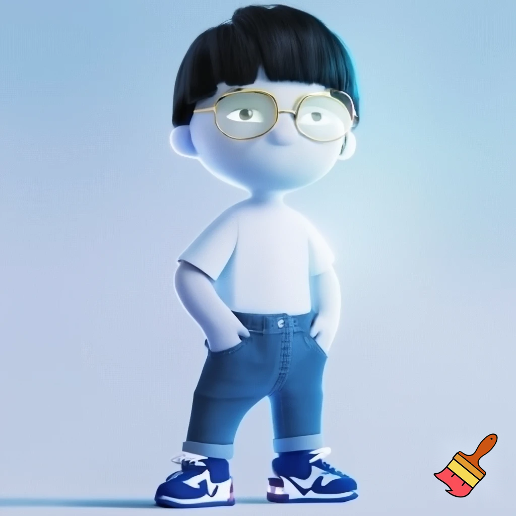a boy standig he has a white skin coulor and black short hair he has bleu geans and a white bloes and bleu airmax shoes and he is whereing gold glasses