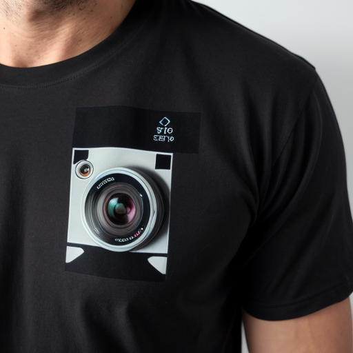 A hyper-realistic close-up macro shot of a man's chest wearing a heavy-gauge black cotton T-shirt. Centrally mounted on the chest is a small, square Insta360 GO Ultra camera. The T-shirt features a sophisticated "Tech-Noir" graphic design consisting of matte black 3D geometric shapes and circular mechanical patterns. The camera’s black lens is perfectly aligned with a circular element in the artwork, making the device appear as a functional sensor or a decorative rivet within the shirt's design. Cinematic side-lighting to emphasize fabric texture and the seamless integration of the device.