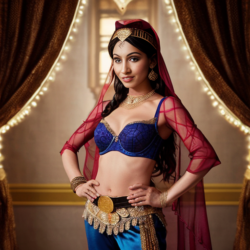 Aladdin 2d style of a Attractive Moroccan woman with dark skin wearing a headpiece, a veil, ornate cuffs, a bejeweled bra, a coin belt, harem pants and curved dance shoes  