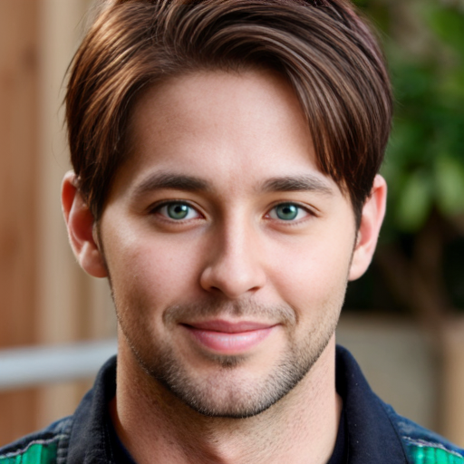 A young 35 years old man with green eyes and so cute and handsome and brown hair 