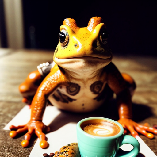 A hillarious, funny boho toad with some hippie colored coffee cups. Psychedelic decorated background, hyperrealistic. Close-up view.