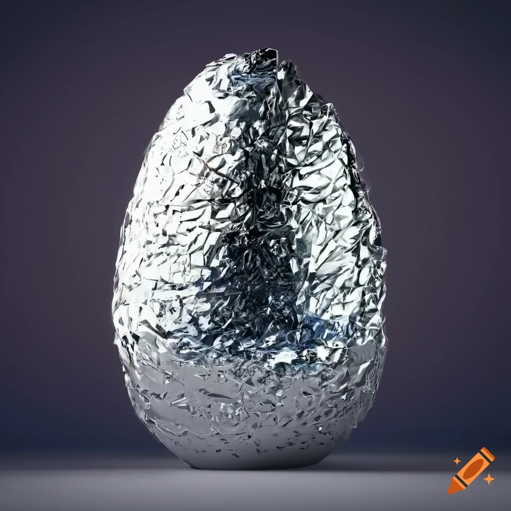 Photo in HD, 3D render, HDR of an image of an egg made of aluminum foil