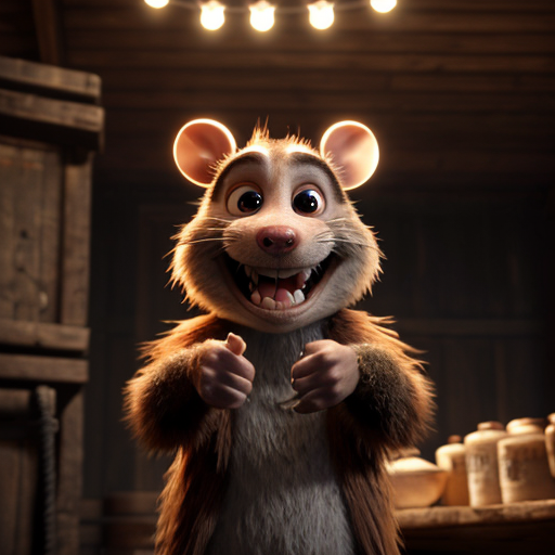 Highly detailed Pixar-style 3D render of Remy the rat from Ratatouille, standing excitedly on a thin twisted vine branch in a dark rustic wooden interior. Remy has big expressive eyes, wide grinning mouth with teeth visible, brown fur, wearing a small khaki chef outfit. He gives a cheerful thumbs-up with one paw while gripping the branch with the other. Surrounding him are intricate networks of organic vine branches and ropes glowing with blue magical sparkles and floating light particles. A hanging lantern nearby emits warm golden light, casting dramatic shadows and rim lighting on his fur and vines. Cinematic atmosphere, soft glow, high detail on textures, fur, sparks, and wood, dark moody background, 8k resolution.