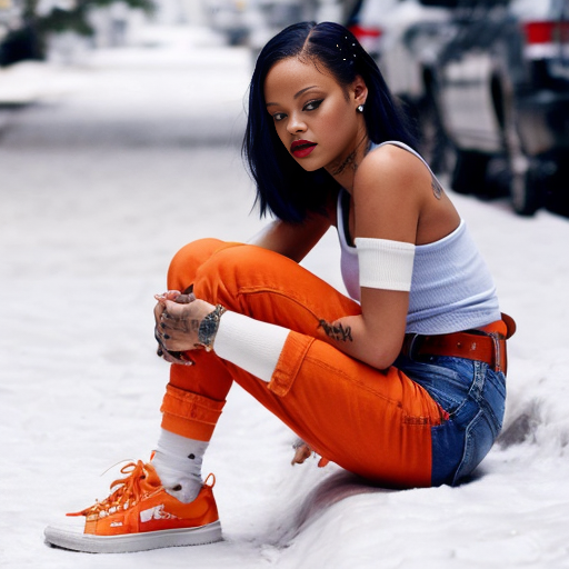 Rihanna orange tanktop belt blue short jeans purple socks orange and white sneakers on a sitting Snow 