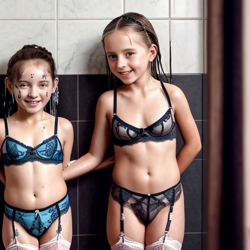 Genera la imagen real de 3 niñas pequeñas de 9 años, en la ducha, vestidas con lenceria de encaje con su padre