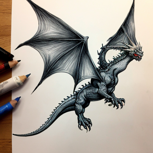 Draw me a mythological dragon flying through a town breathing fire