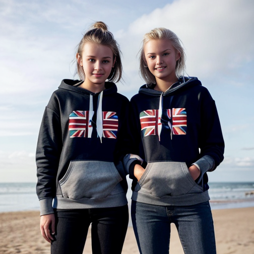 Create an image of two sisters standing next to each other. One of them, the old one, has brown hair and blue eyes. She is around 18 years old and her sisters head goes up to her neck. Her hair is long and silky. The younger sister has blonde hair and blue eyes. She is 13 years old. They are both wearing packing hoodies and baggy black jeans. The hoodies are dusky grey with your Australian flag on them however the jumpers have an old retro sort of vibe. They are at the beach. They have their Arms around each other they are both very beautiful 