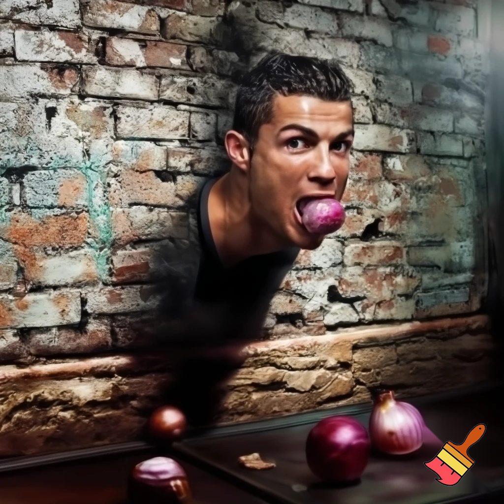 cafe wall with ronaldo eating oinions on it

