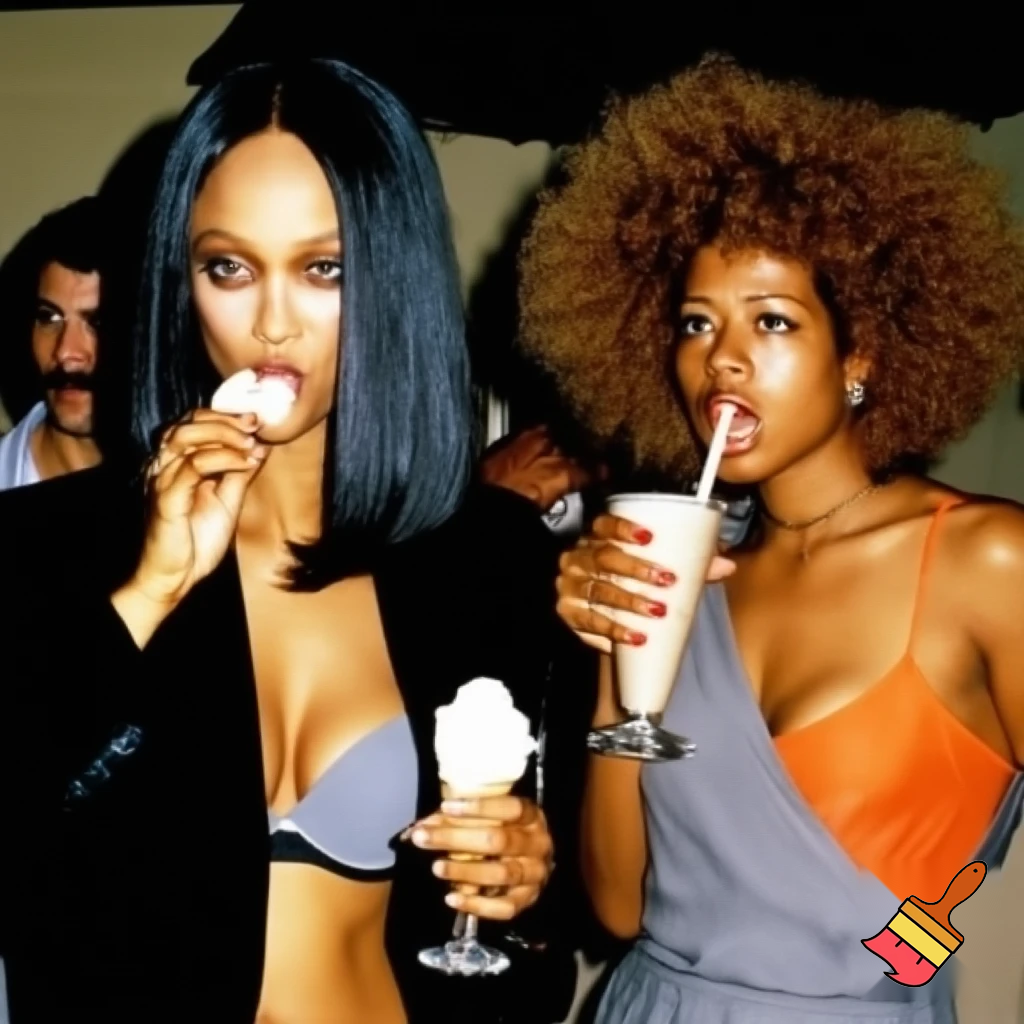 Tyra Banks and Kelis filming a commercial behind the scenes on the image Tyra Banks has a black sleek middle part bob hair wearing a black suit and a grey bra eating ice cream and Kelis has a voluminous curly brown hair Afro wearing a grey jumpsuit and orange camisole drinking milkshake 