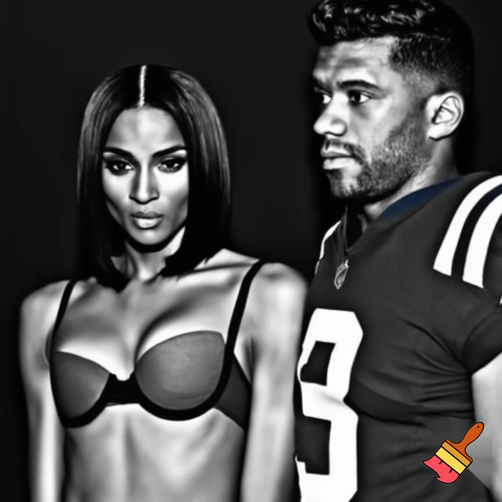 Ciara with a black sleek middle part bob hair wearing a grey and black bra and Russell Wilson wearing a football jersey in a black and white Vogue photograph 