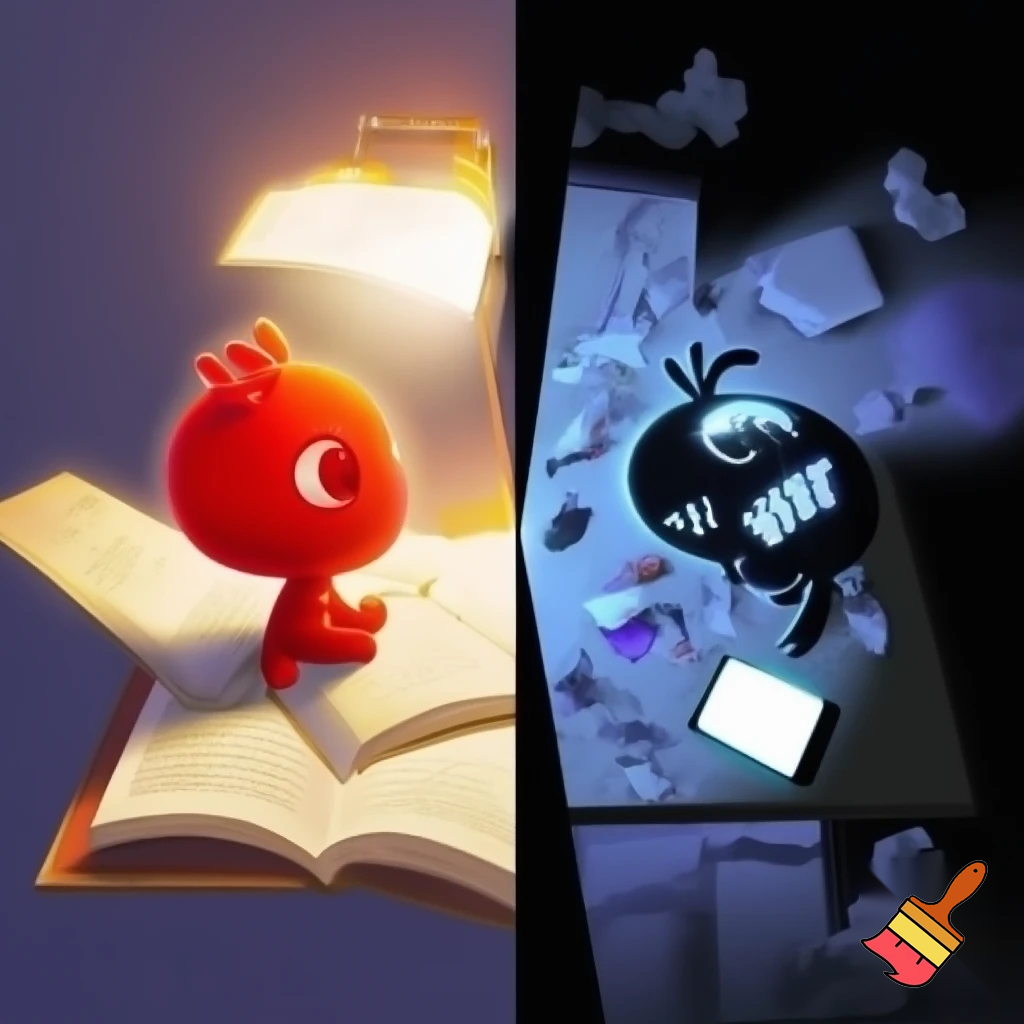 Half of the image shows a red sticker character (the good student) sitting at a tidy desk, focused, surrounded by glowing books and positive energy; the other half shows a black sticker character (the bad student) slouching at a messy desk with trash, phone distractions, and dark lighting. Dynamic contrast between success and failure, cinematic horizontal composition for YouTube thumbnail.